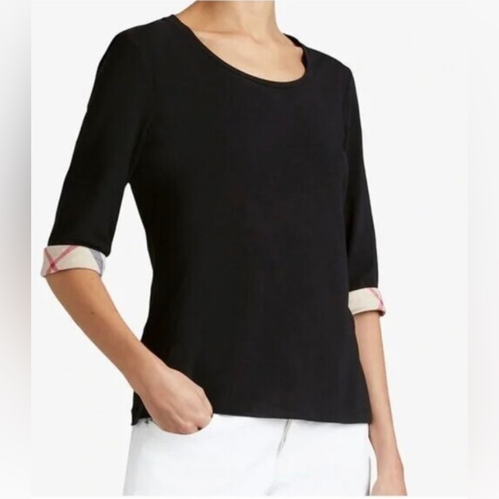 Burberry 3/4 sleeves Black Scoop Neck Long Sleeve Top with Signature Plaid Cuffs